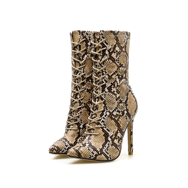 Euro Lace Up Snakeskin Mid Calf Boots 