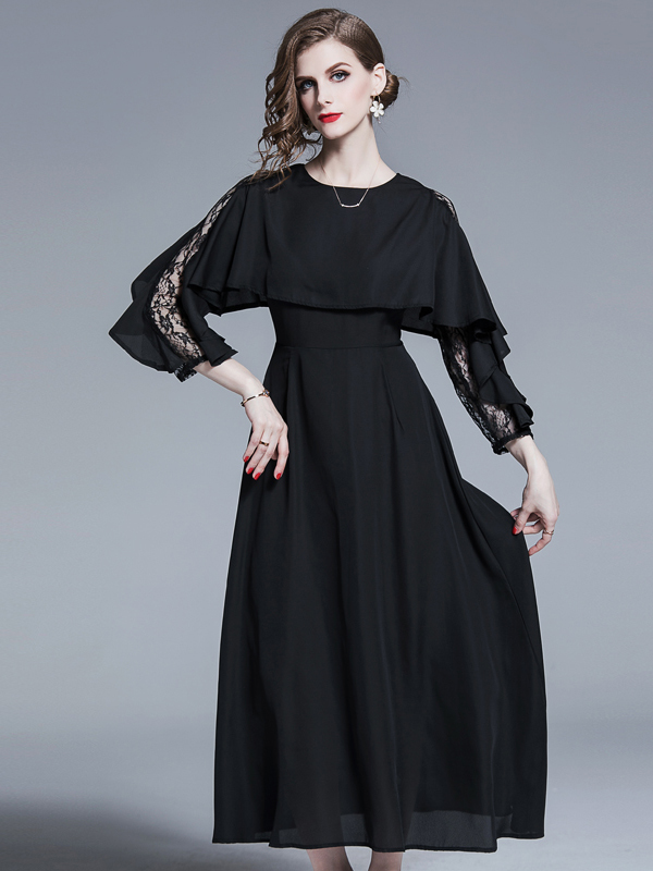 Elegant Lace Panel Formal Maxi Dress In Black Selerit