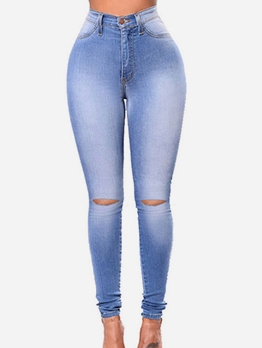 High Waist Holes Solid Skinny Stretch Jeans