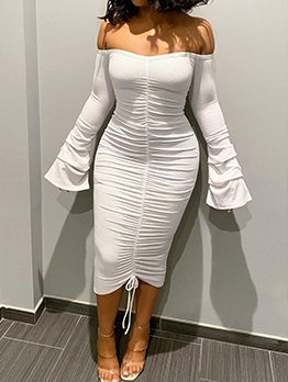 Sexy Ruched Boat Neck Flare Long Sleeve Dress Sexy Ruched Boat Neck Flare Long Sleeve Dress
