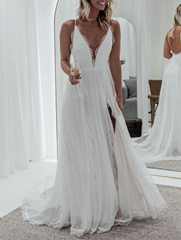 Elegant White V Neck Slit Wedding Party Dresses