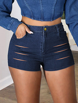Ripped Solid Hollow Out Fashion Denim Short