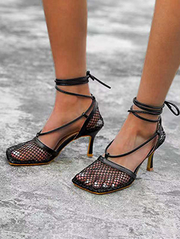 Hollow Out Square Toe Solid Women Heel Sandals