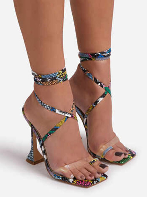 Sexy Lace Up Snake Print Goblet Heel Ladies Sandal