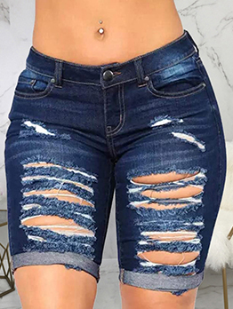 Ripped Solid Color Hollow Out Straight Denim Short