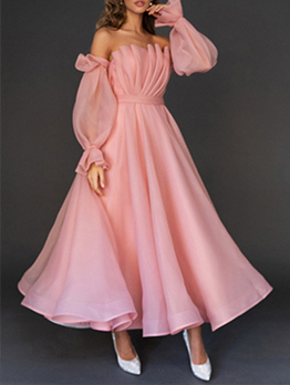 Sweet Patchwork Off Shoulder Pink Evening Dress