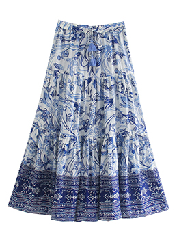 Summer Blue Print Drawstring Flare Skirt