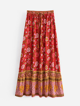 Adorable Print High Waisted Fringe Long Skirt