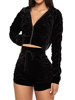 Sporty Black Ruched Hooded 2 Piece Outfits