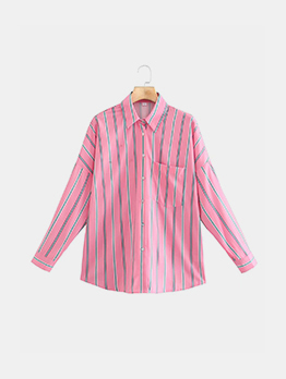 Casual Pink Pocket Striped Long Sleeve Blouse