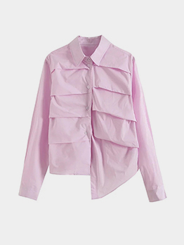 Korean Ruched Solid Long Sleeve Blouse For Women