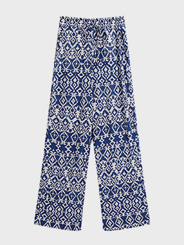 Drawstring Casual Blue Printed Loose Long Pant For Women