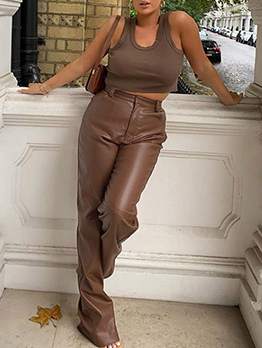Straight Fashion Solid Pu High Waisted Trousers For Women