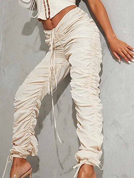 Mid Waist Individual Ruched White Solid Long Pant 