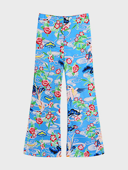 Elastic Fly Blue Printed Bootcut Long Pant For Women