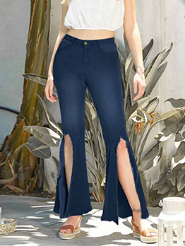 Zipper Fly High Waist Slit Solid Denim Jeans For Women