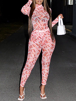 Mock Neck Casual Letter Printed Fall Pink 2 Piece Outfits Mock Neck Casual Letter Printed Fall Pink 2 Piece Outfits