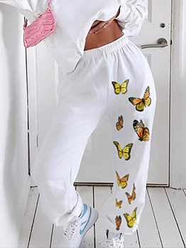 Elastic Fly Active Butterfly Print Casual Long Pants