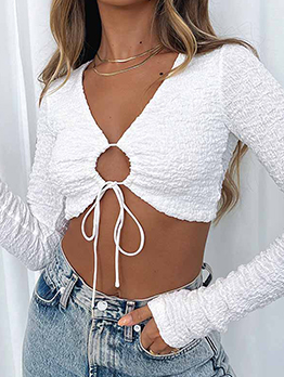 Autumn Sexy V Neck Tie Wrap Cropped T-Shirt For Women