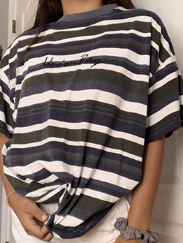 Summer Casual Round Neck Loose Striped Tee Shirts