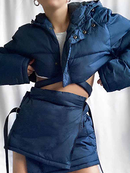 Zipper Up Fall Winter Hooded Collar Plush Thicker Casual Skirt Set