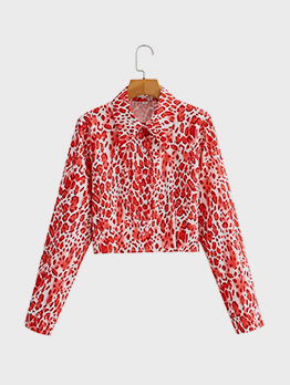 Turndown Collar Outdoor Red Long Sleeve Copped Blouse For Women