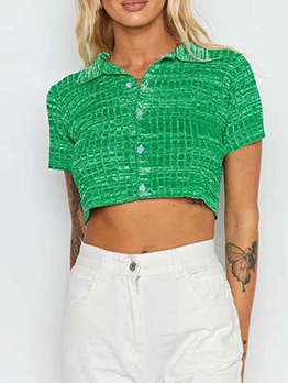 Green Turndown Collar Knitted Cropped Blouse