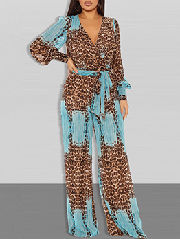 Casual Leopard Print V Neck Chiffon Long Sleeve Jumpsuits