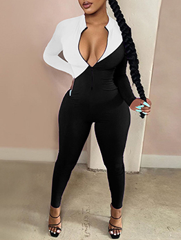 Skinny Contrast Color Zipper Up One Pieces Jumpsuit Skinny Contrast Color Zipper Up One Pieces Jumpsuit
