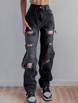 Stylish Workout Hollow Out Women Ripped Straight Jeans