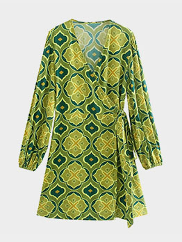 Vintage V Neck Green Printed Puff Sleeve Short Dress