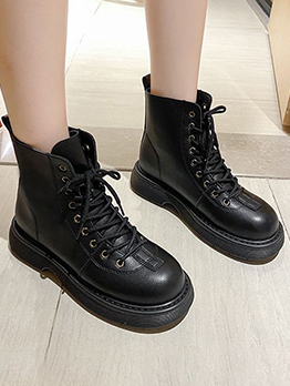 Fashion Solid Lace Up Easy Matching PU Boots