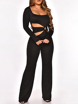 New Arrival Solid Circle Hollow Out Jumpsuit
