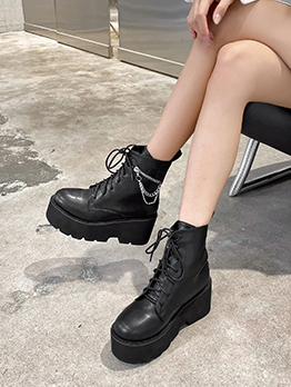 Winter Plain Black Chain Wedge Ankle Boots