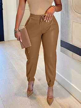 Versatile Solid Fashion Drawstring Pu Long Pants