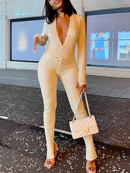 New Solid Button Long Sleeve Bodycon Jumpsuit 
