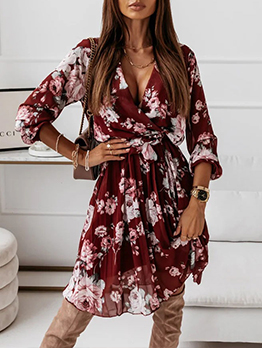 Modern Flower Printed Long Sleeve Chiffon Dress Modern Flower Printed Long Sleeve Chiffon Dress