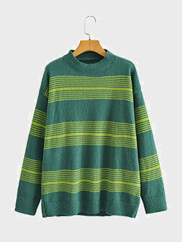 Casual Green Contrast Color Long Sleeve Women Sweater
