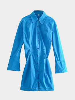 Casual Blue Button Down  Long Sleeve Shirt Dresses