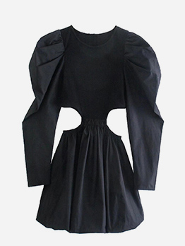 Ladies French Style Hollow Out Black Long Sleeve Dress