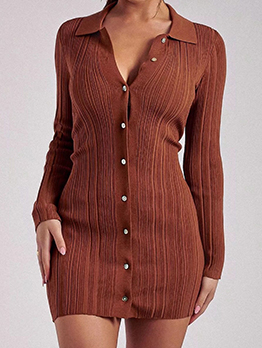 Knitting Solid Fitted Long Sleeve Dresses For Ladies