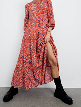 Autumn Vacation Style Print Long Sleeve Maxi Dresses