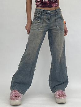 Street High Waist Pocket Wide Leg Women Jeans 