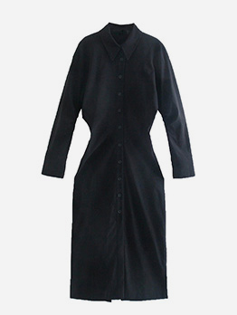 Casual Solid Long Sleeve Shirt Maxi Dress Women 