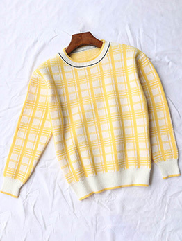 Plaid Crew Neck Long Sleeve Sweater For Women