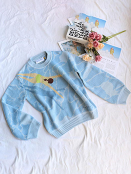 Easy Matching Loose Puff Sleeve Blue Ladies Sweaters