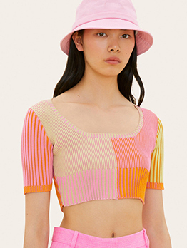 Contrast Color  Patchwork Short Sleeve Chic Cropped Tops