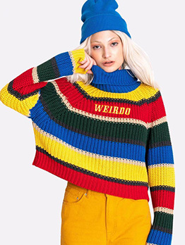 Turtle Neck Multicolored Letter Embroidery Loose Sweater
