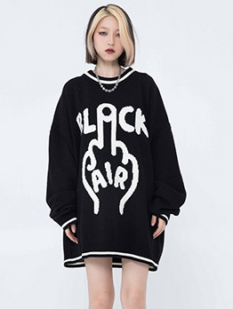 Autumn Contrast Color Letter Crew Neck Long Sleeve Sweater 