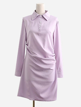 Spring Turn-Down Collar Pleated Purple Dress